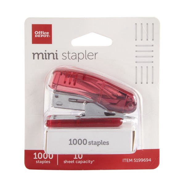 slide 3 of 5, Office Depot Mini Stapler With Built-In Remover, 2-1/4"", Assorted Colors, 1 ct