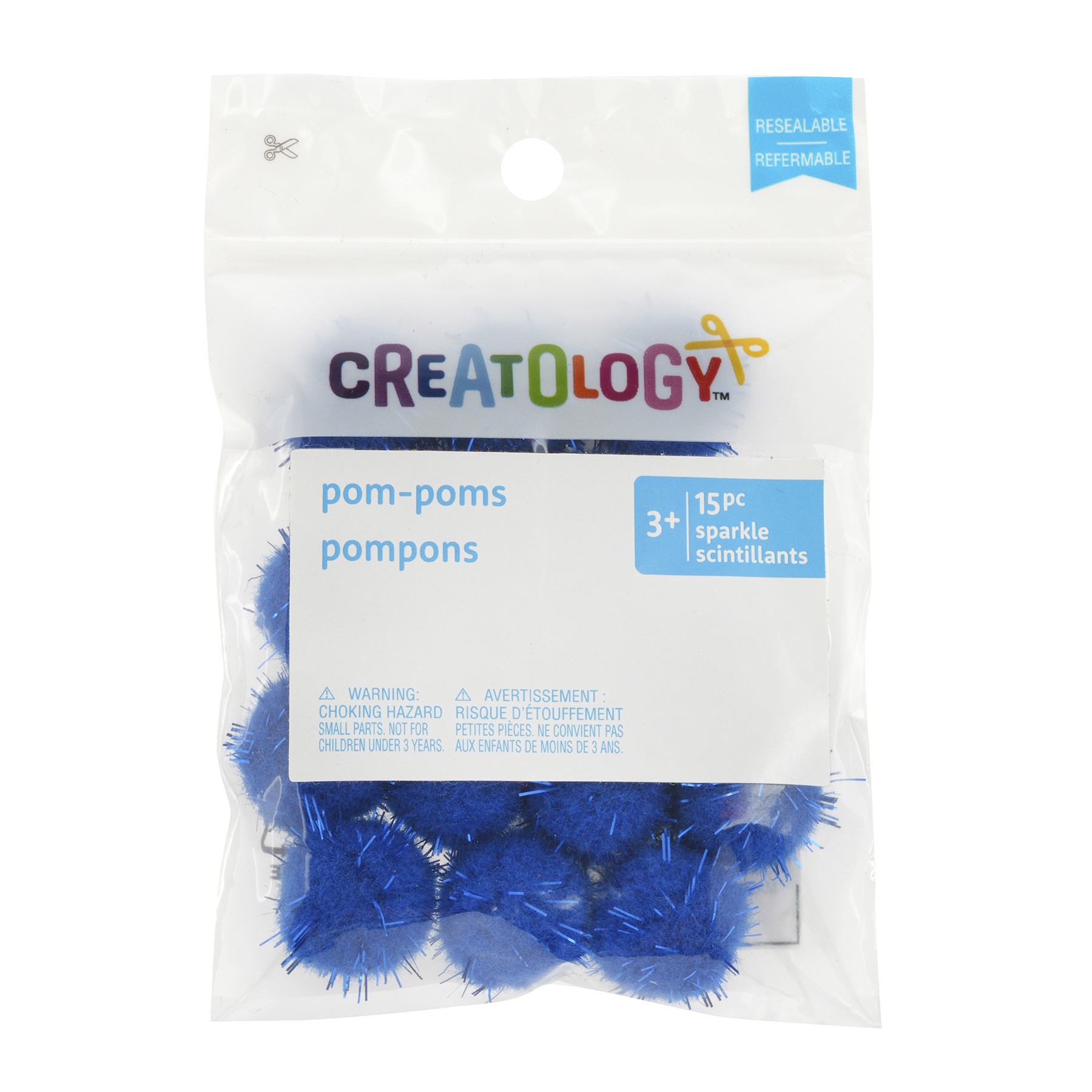 slide 2 of 2, 3/4" Blue Sparkle Pom Poms, 15ct. By Creatology, 15 ct