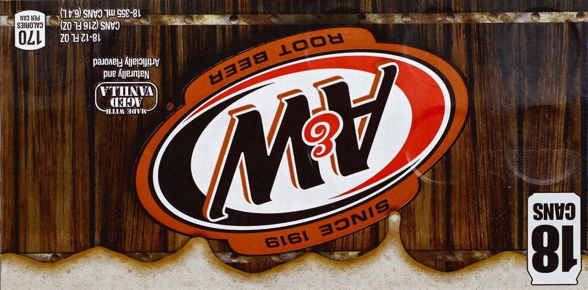 slide 6 of 6, A&W Root Beer Soda, 12 fl oz cans, 18 pack, 18 ct
