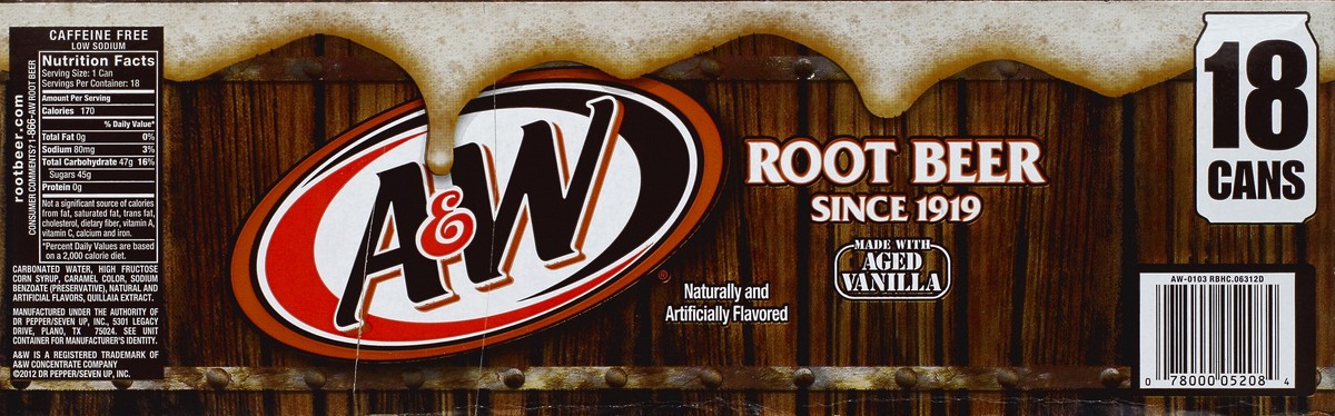 slide 5 of 6, A&W Root Beer Soda, 12 fl oz cans, 18 pack, 18 ct