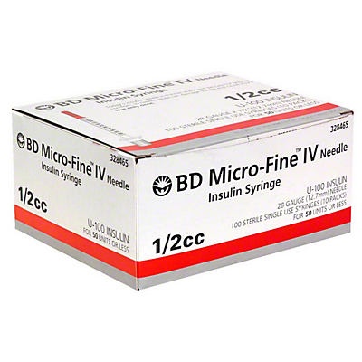 slide 1 of 1, BD Micro-Fine IV 1/2cc 1/2' (12.7mm) Long Needle 28 Gauge Insulin Syringes, 100 ct