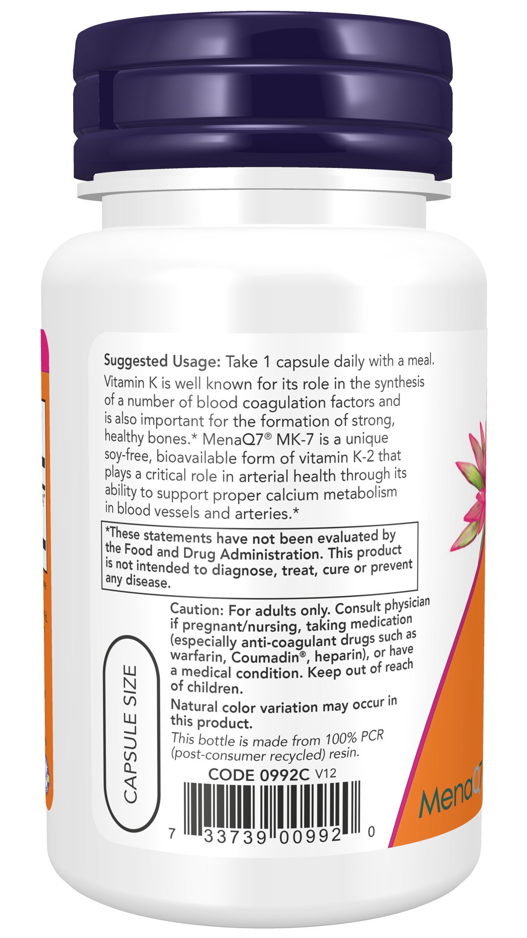 slide 2 of 4, NOW Supplements, MK-7 Vitamin K-2 100 mcg, Cardiovascular Support*, Supports Bone Health*, 60 Veg Capsules, 60 ct