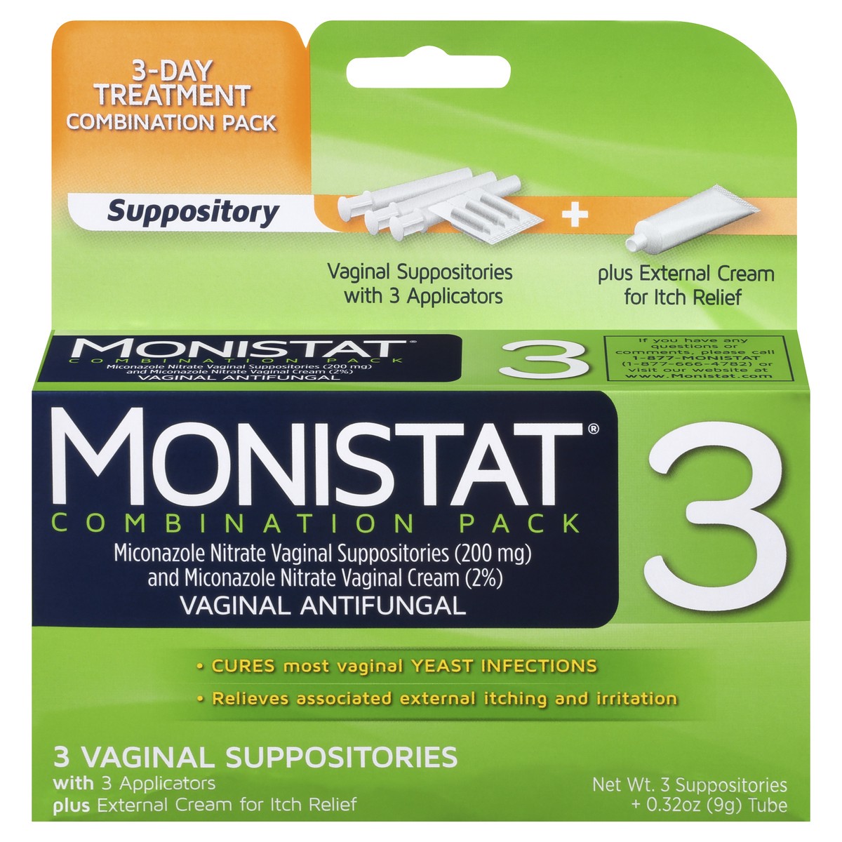 slide 6 of 10, Monistat 3 Day Yeast Infection Treatment, 3 Miconazole Suppository Inserts & External Itch Cream, 1 ct