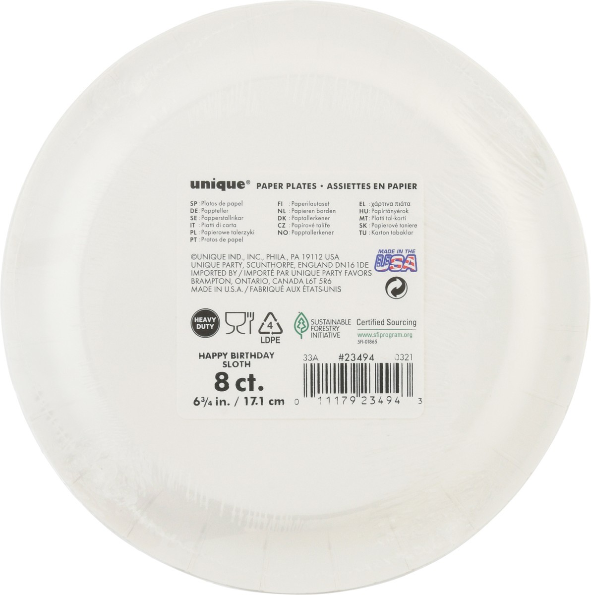 slide 6 of 9, Unique Paper Plates, Happy Birthday, Sloth, 6-3/4 Inch, 8 ct