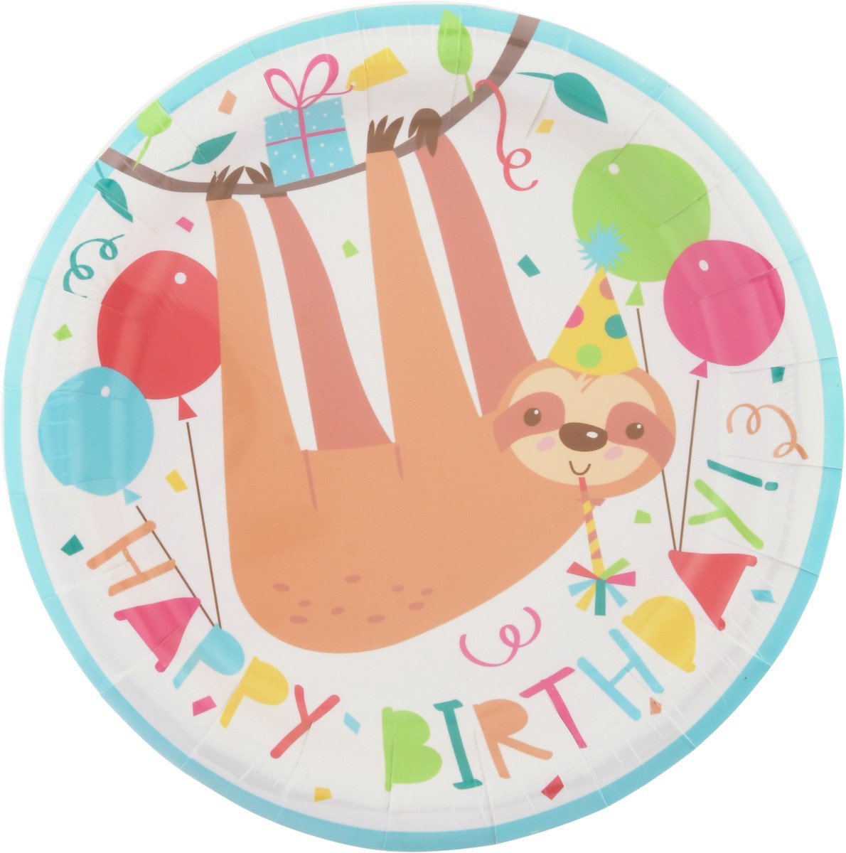slide 1 of 9, Unique Paper Plates, Happy Birthday, Sloth, 6-3/4 Inch, 8 ct