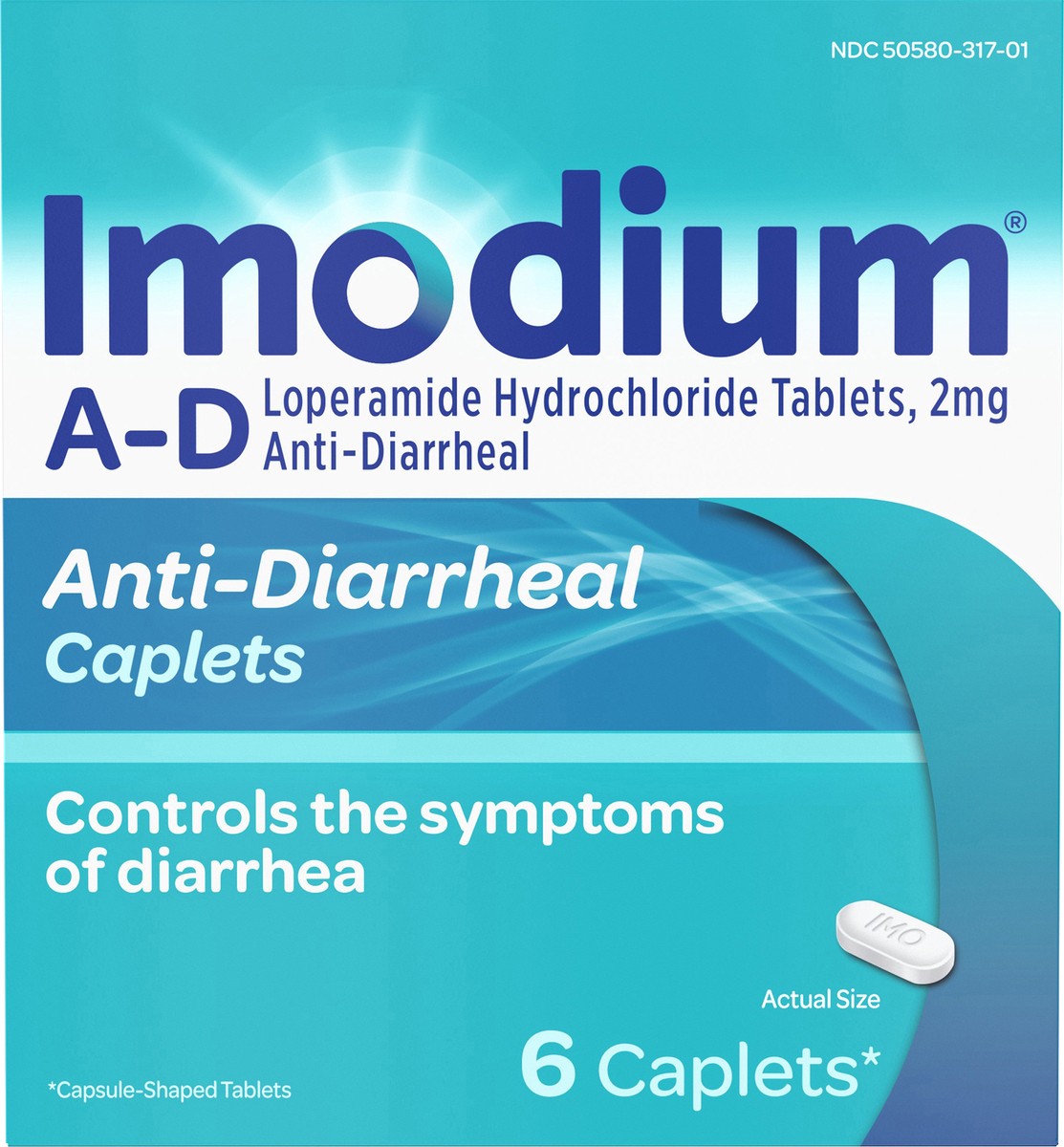 slide 6 of 8, Imodium A-D Diarrhea Relief Caplets with Loperamide Hydrochloride, Anti-Diarrheal Medicine to Help Control Symptoms of Diarrhea Due to Acute, Active & Traveler's Diarrhea, 6 ct., 6 ct