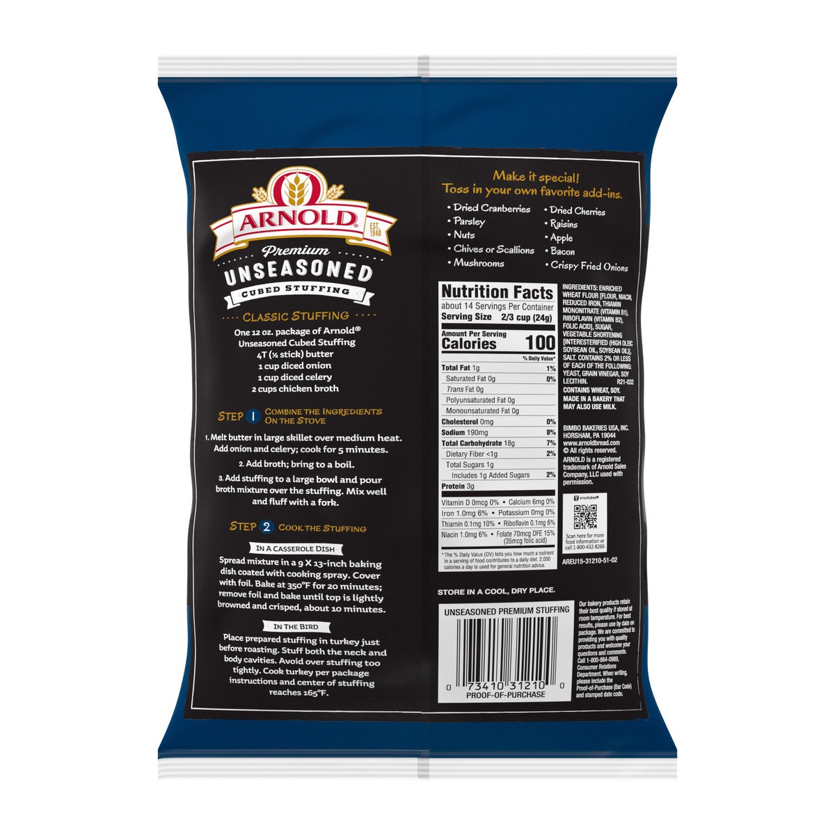 slide 3 of 7, Arnold Premium Unseasoned Plain Cubed Stuffing, 12 oz, Bread Crumbs, Bag, 12 oz