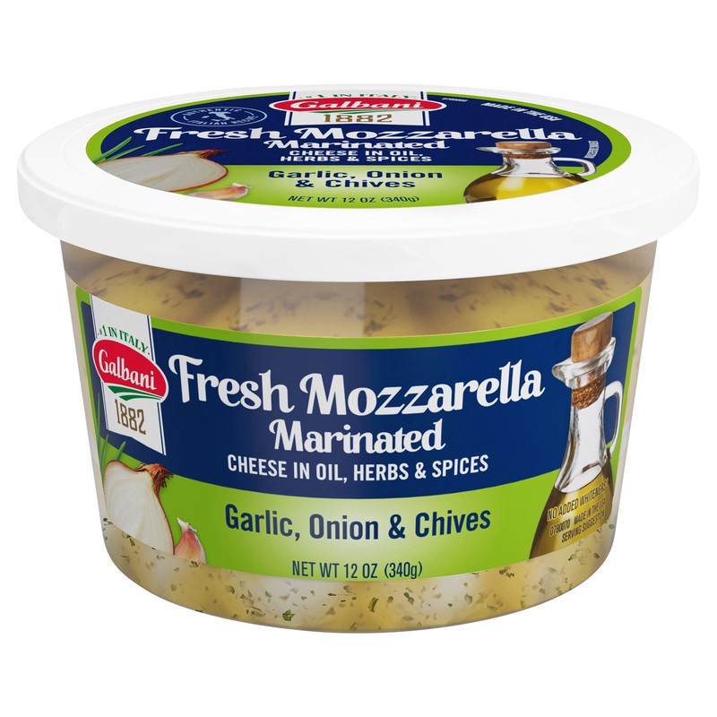 slide 1 of 1, Galbani Cheese, Fresh Mozzarella, Marinated, Garlic, Onion & Chives, 12 oz