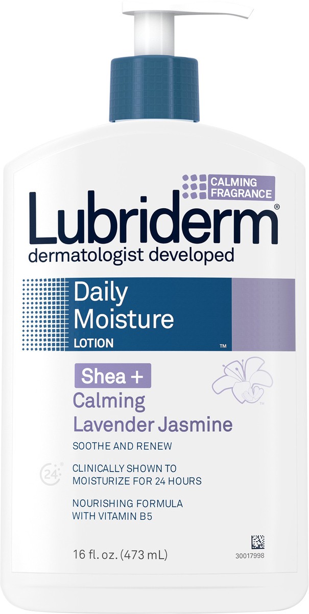 slide 3 of 11, Lubriderm Daily Moisture Lotion for Dry Skin, Enriched with Nourishing Shea Butter, Pro-Vitamin B5, and Calming Lavender Jasmine Scent, For Healthy-Looking Skin, Non-Greasy, 16 fl. oz, 16 fl oz