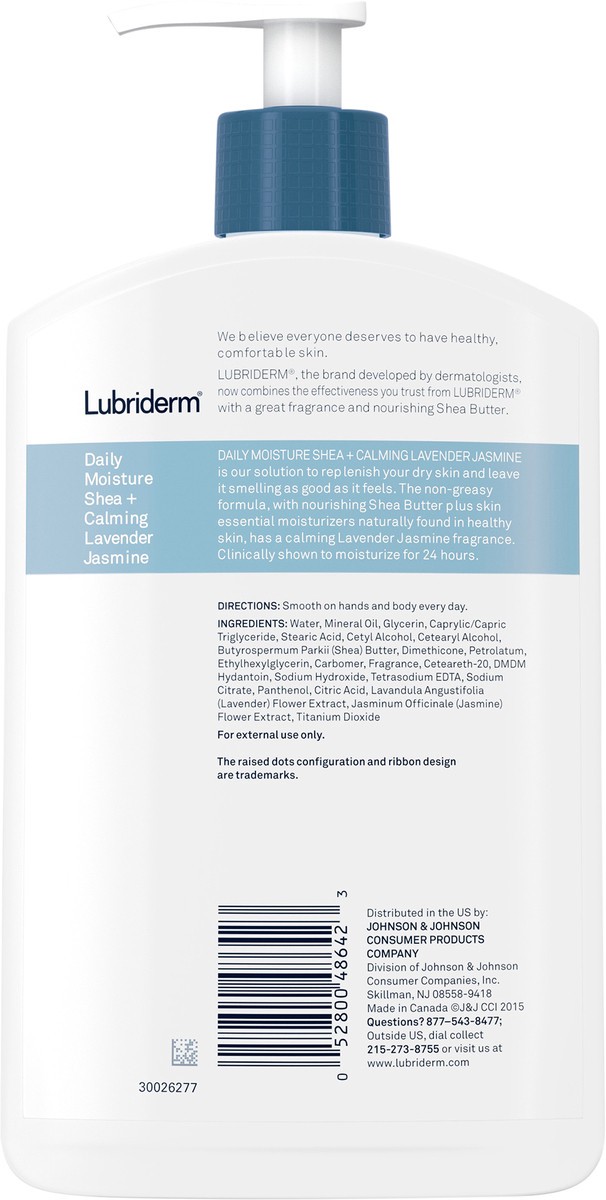 slide 11 of 11, Lubriderm Daily Moisture Lotion for Dry Skin, Enriched with Nourishing Shea Butter, Pro-Vitamin B5, and Calming Lavender Jasmine Scent, For Healthy-Looking Skin, Non-Greasy, 16 fl. oz, 16 fl oz