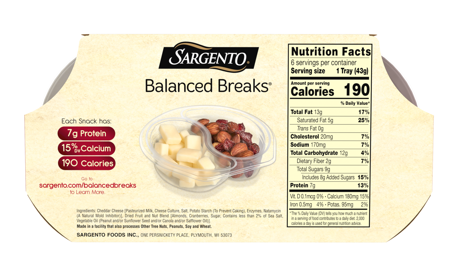 slide 4 of 5, Sargento Balanced Breaks with Natural White Cheddar Cheese, Sea-Salted Roasted Almonds, Dried Cranberries, 1.5 oz., 6-Pack, 9 oz