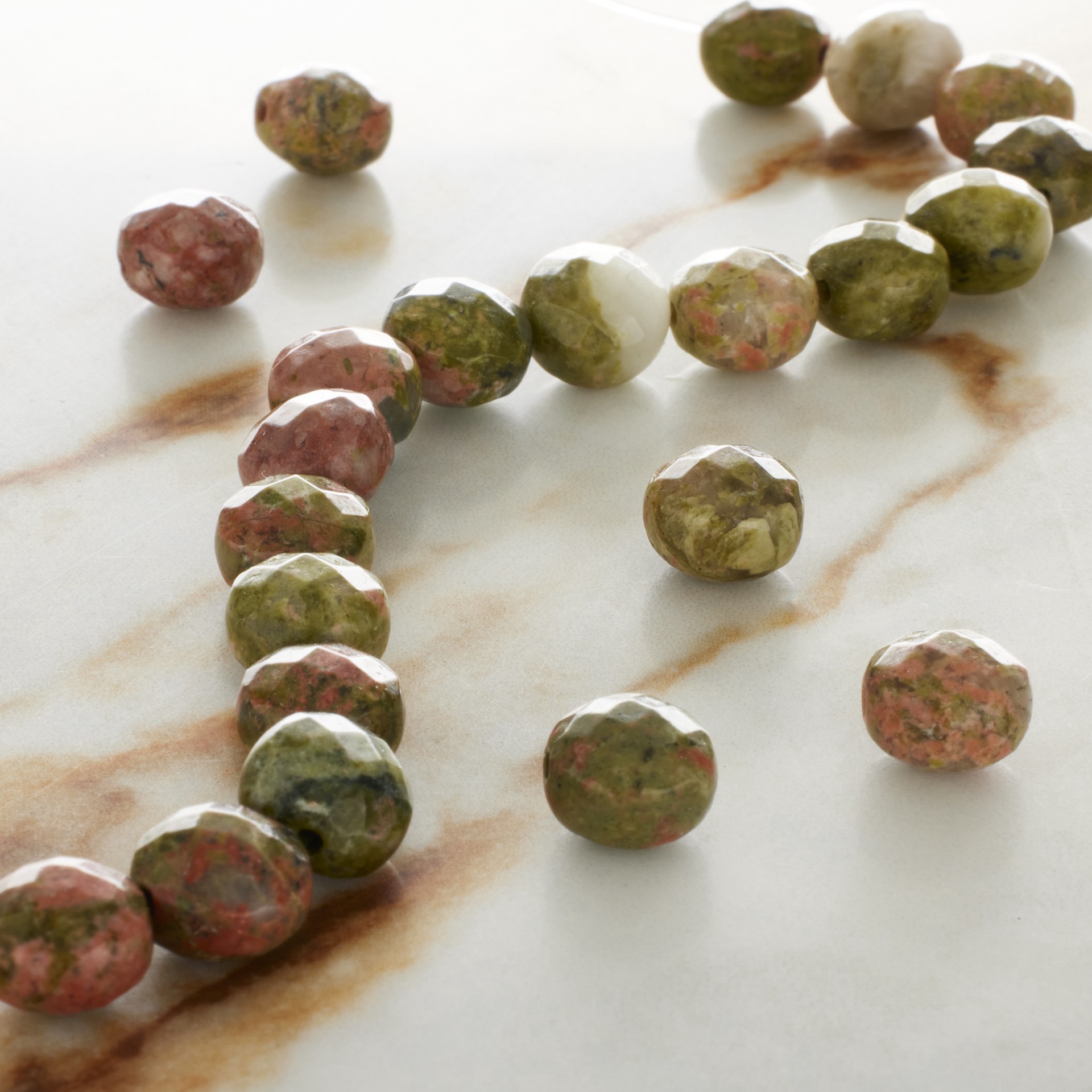 slide 2 of 3, Green & Orange Unakite Faceted Coin Beads, 8mm By Bead Landing, 8mm