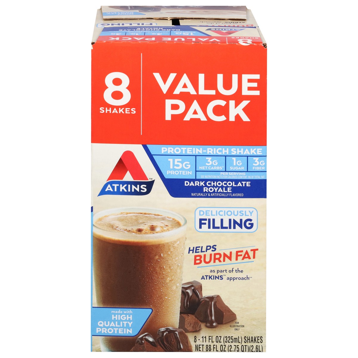 slide 1 of 8, Atkins Dark Chocolate Royale Protein-Rich Shake Value Pack 8 - 11 fl oz Cartons, 8 ct