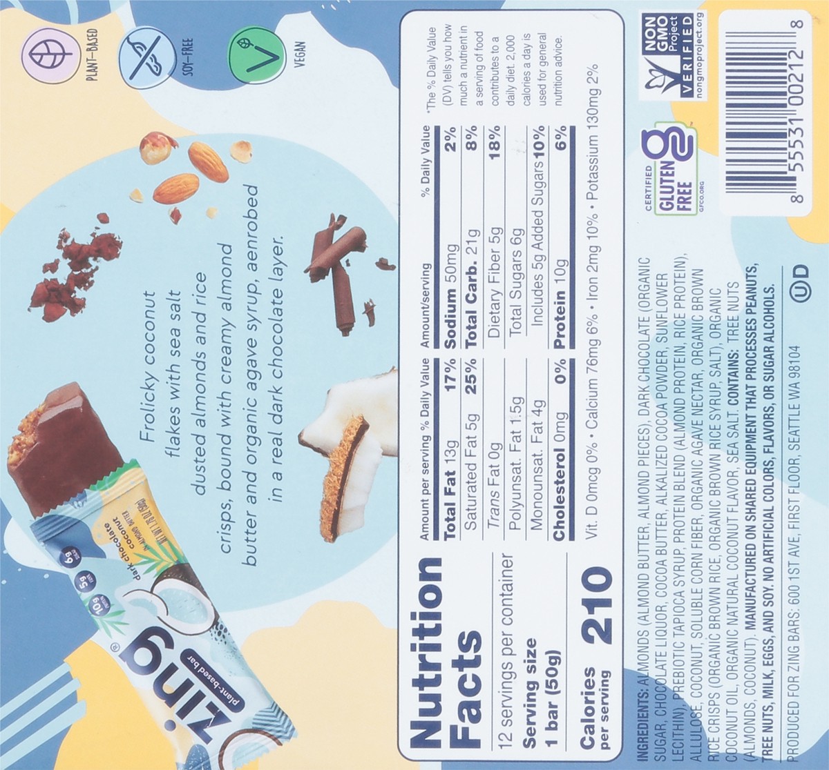 slide 3 of 9, Zing Dark Chocolate Coconut Plant-Based Bar in Almond Butter 12 - 1.76 oz Bars, 12 ct