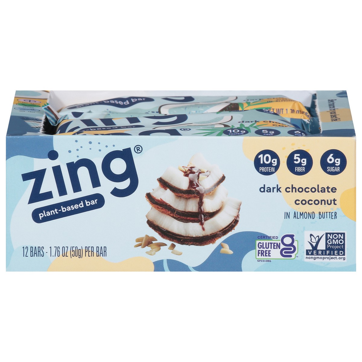 slide 1 of 9, Zing Dark Chocolate Coconut Plant-Based Bar in Almond Butter 12 - 1.76 oz Bars, 12 ct