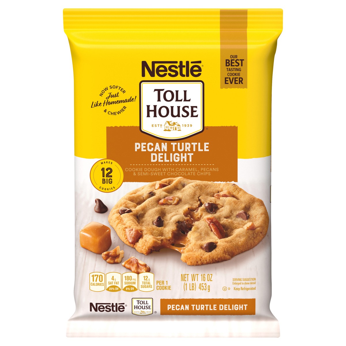 slide 1 of 12, Toll House Pecan Turtle Delight Cookie Dough 16 oz., 16 oz