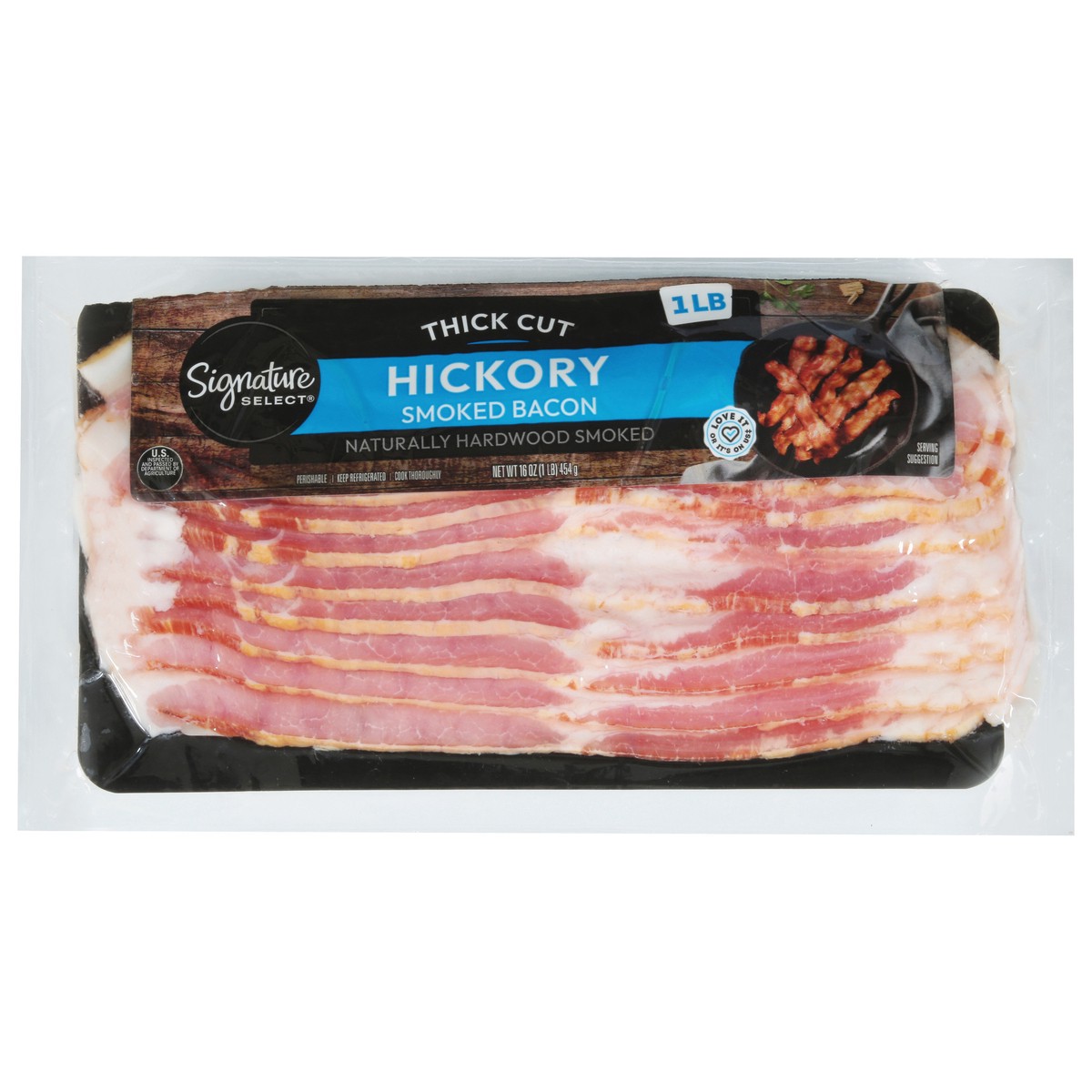 slide 3 of 14, Signature Bacon, Sliced, Hickory Smoked, Thick Cut, 16 oz