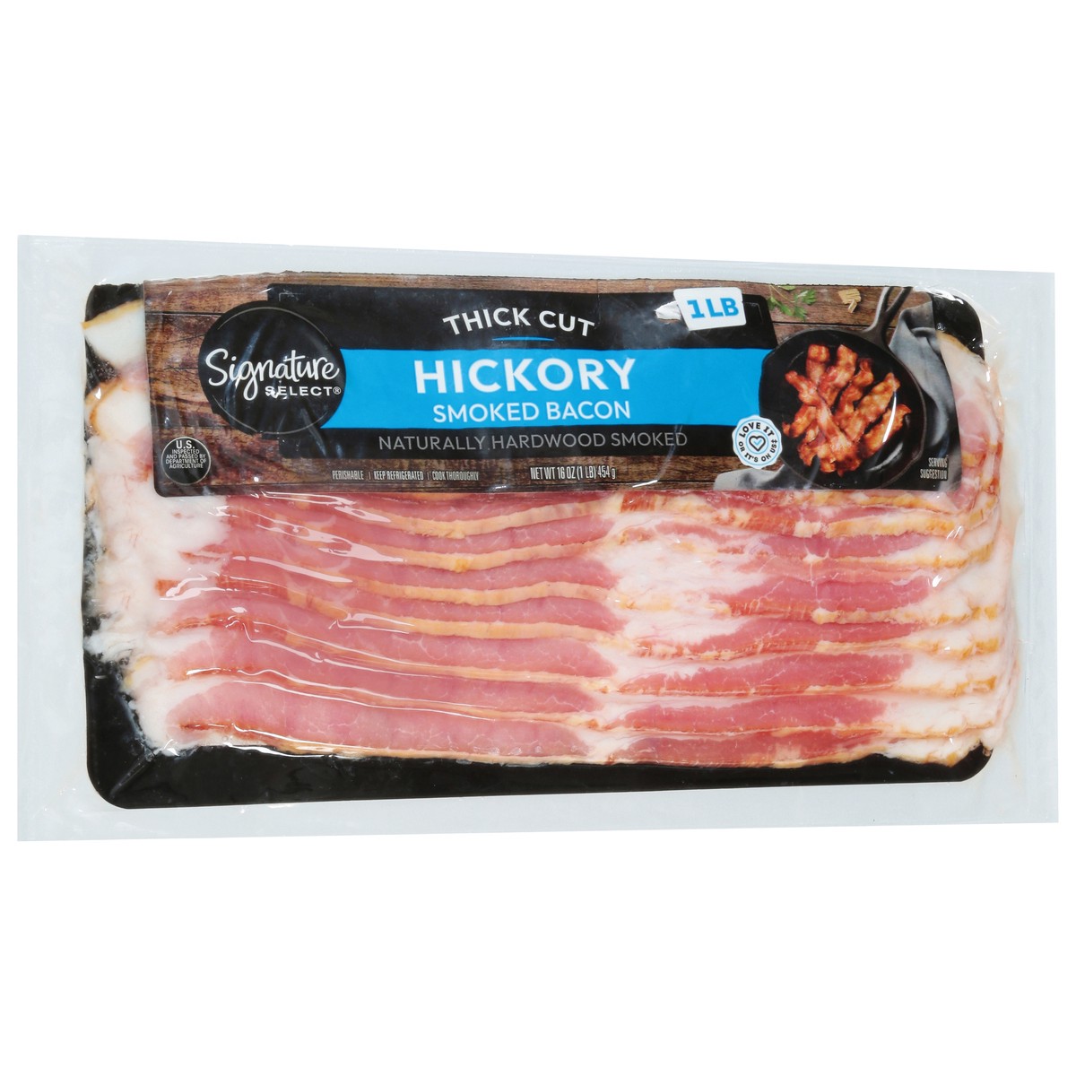 slide 9 of 14, Signature Bacon, Sliced, Hickory Smoked, Thick Cut, 16 oz