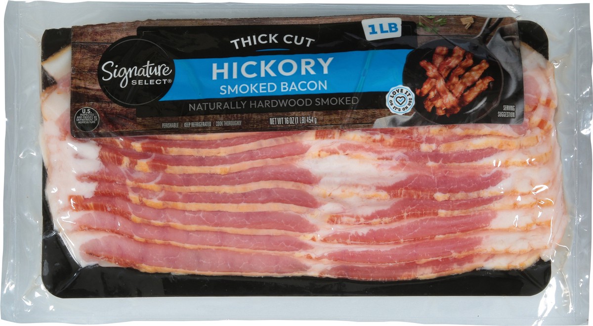 slide 8 of 14, Signature Bacon, Sliced, Hickory Smoked, Thick Cut, 16 oz