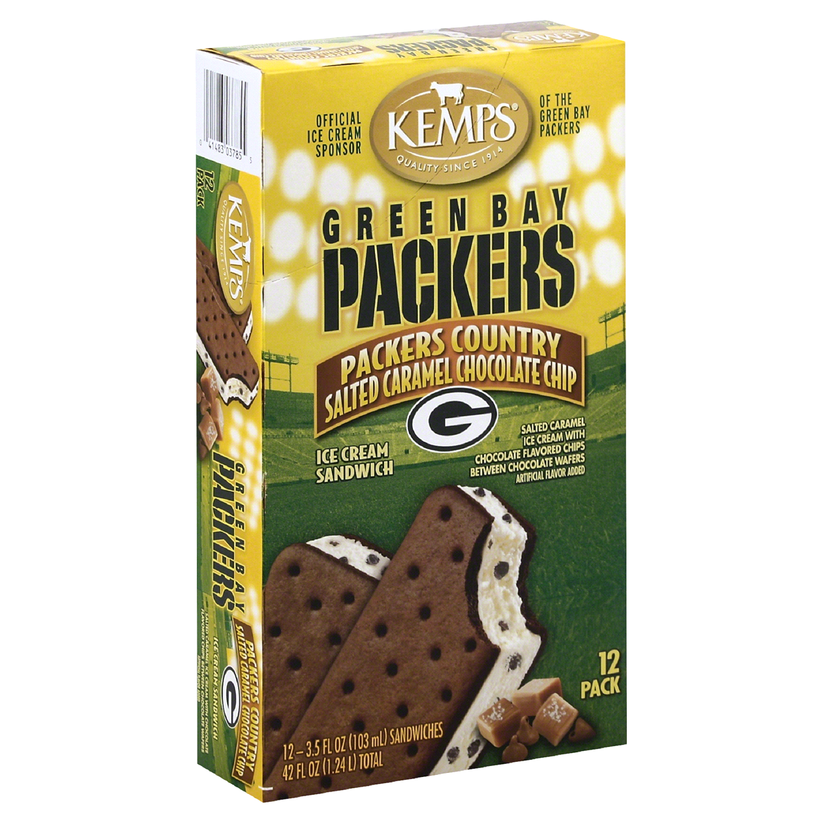 slide 1 of 1, Kemps Green Bay Packers Ice Cream Sandwiches, Salted Caramel Chocolate Chip, 12 ct; 3.5 fl oz