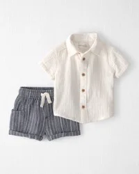 Baby Boy 2-Piece Organic Cotton Gauze Top & Short Set, Sweet Cream, Navy Stripes, 9M