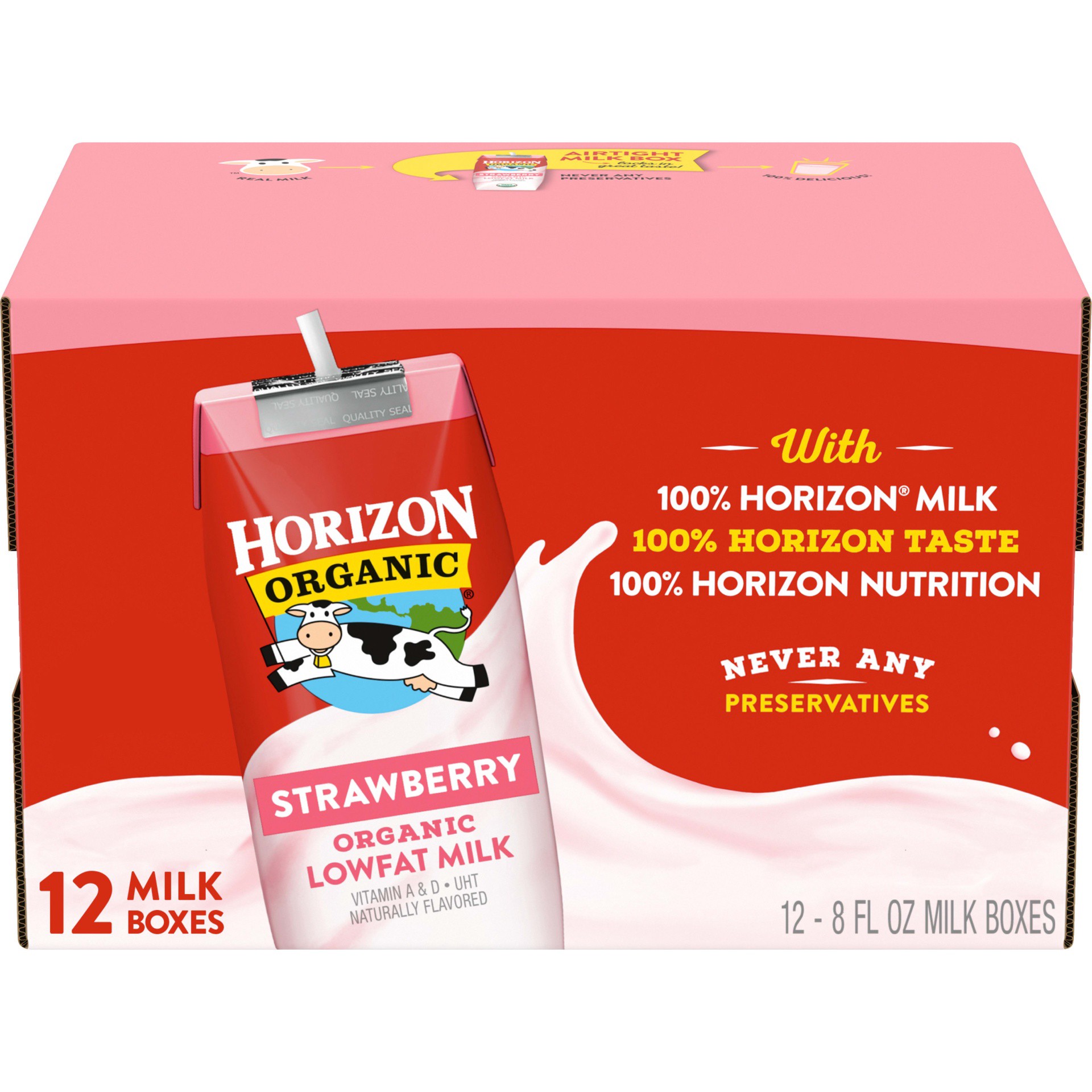 slide 1 of 5, Horizon Organic Shelf-Stable 1% Low Fat milk Boxes, Strawberry, 8 oz., 12 Pack, 8 fl oz