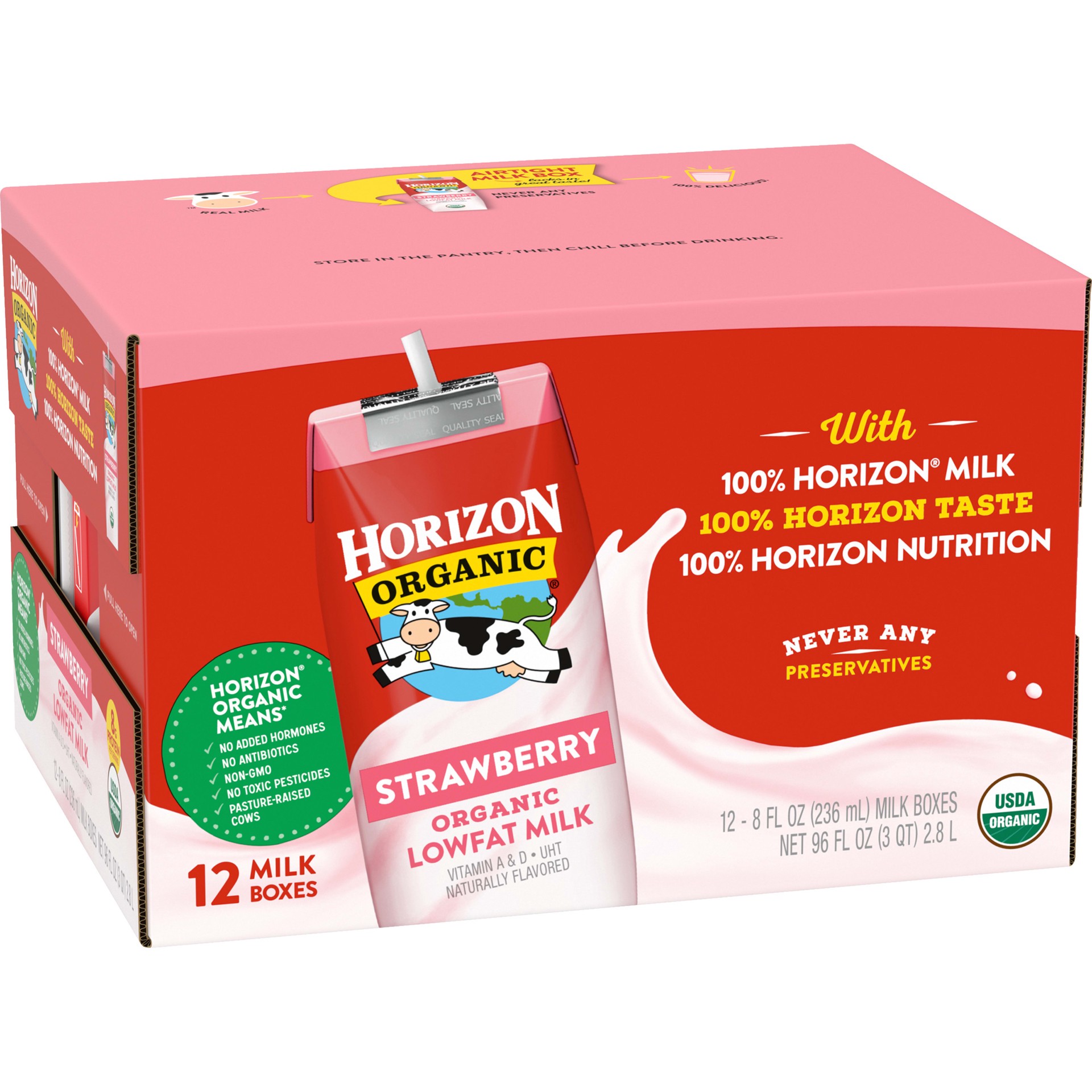 slide 3 of 5, Horizon Organic Shelf-Stable 1% Low Fat milk Boxes, Strawberry, 8 oz., 12 Pack, 8 fl oz