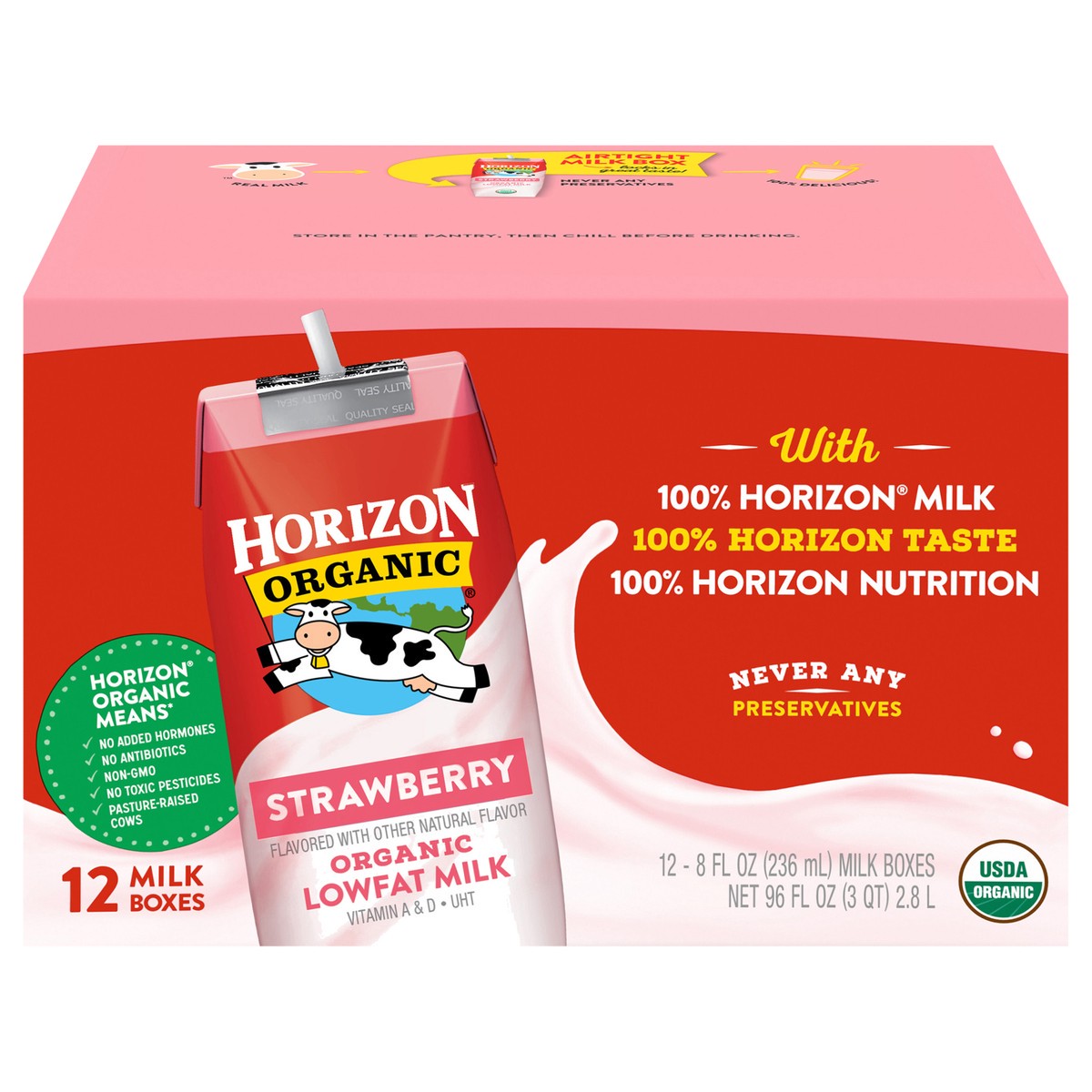 slide 1 of 5, Horizon Organic Shelf-Stable 1% Low Fat Milk Boxes, Strawberry, 8 fl oz, 12 Pack, 12 ct