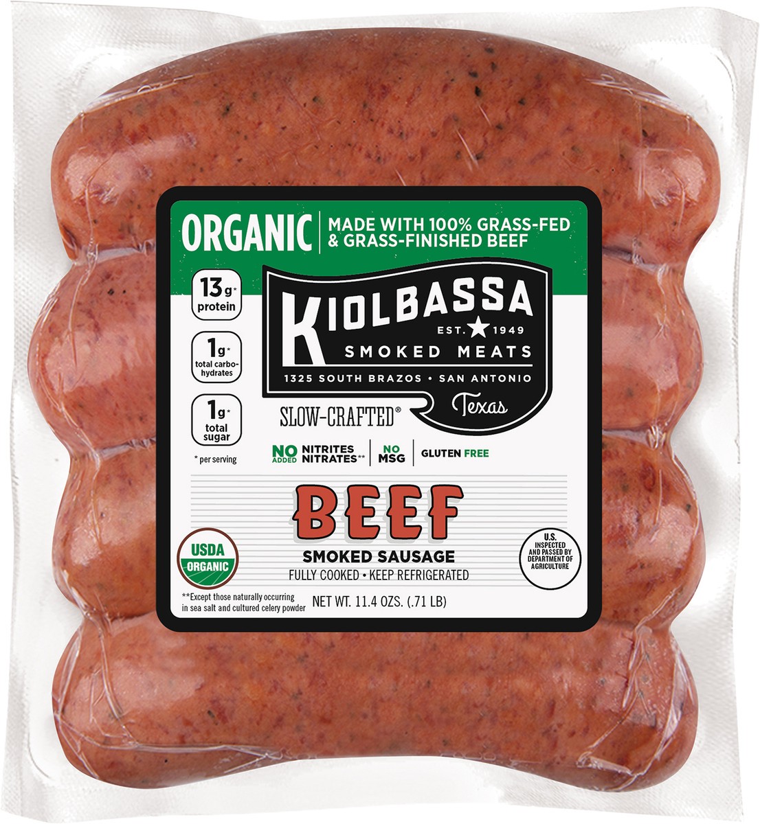 slide 5 of 6, Kiolbassa Organic Beef Sausage, 11.4 oz