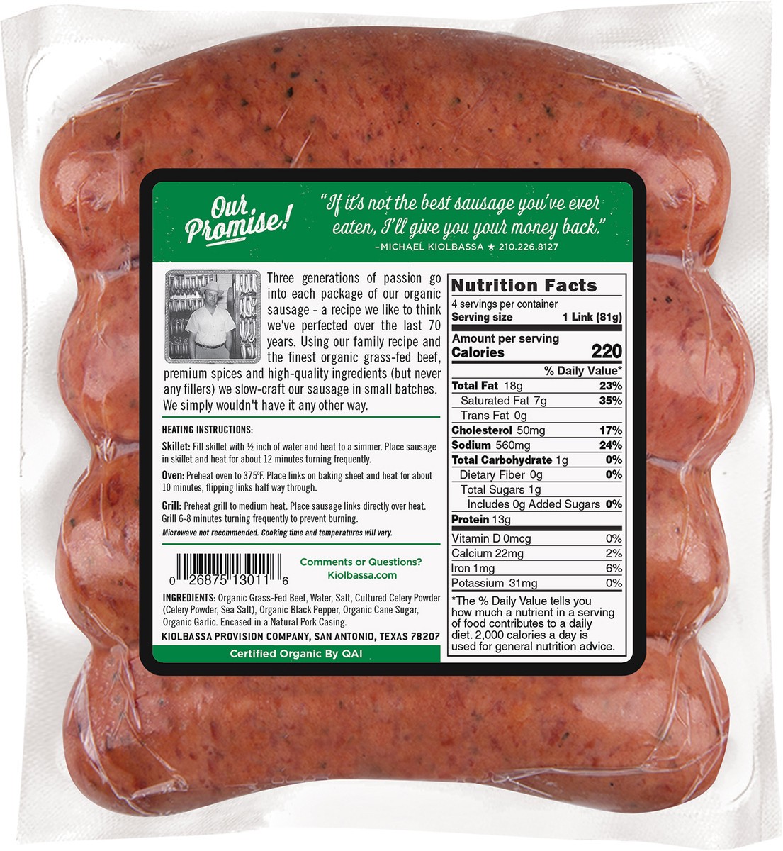 slide 6 of 6, Kiolbassa Organic Beef Sausage, 11.4 oz