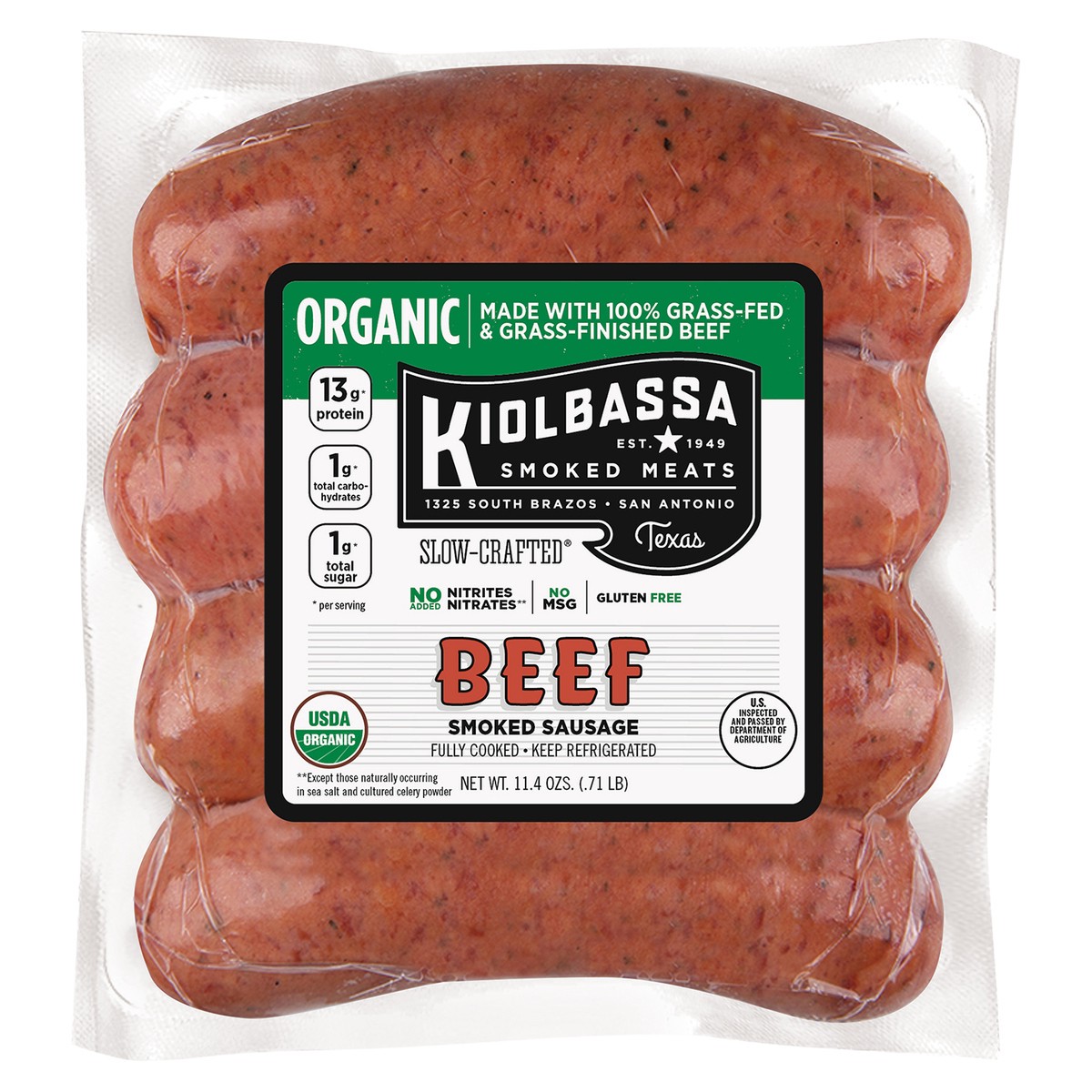 slide 4 of 6, Kiolbassa Organic Beef Sausage, 11.4 oz