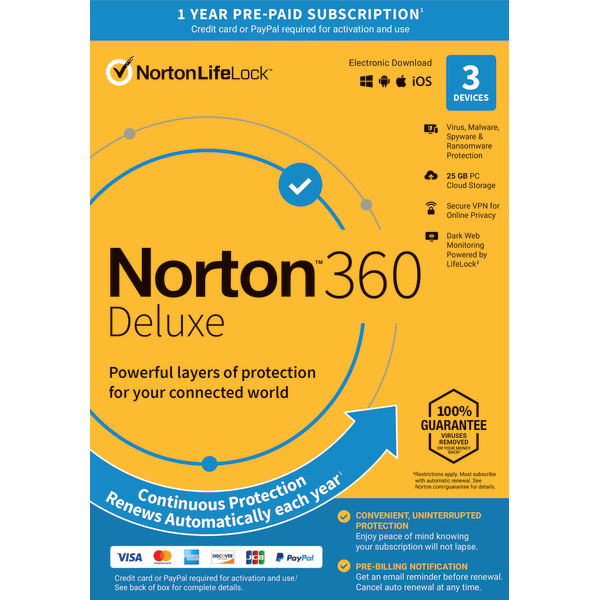 slide 1 of 4, Norton 360 Deluxe, For 3 Devices, 1-Year Subscription, Product Key Card, 1 ct