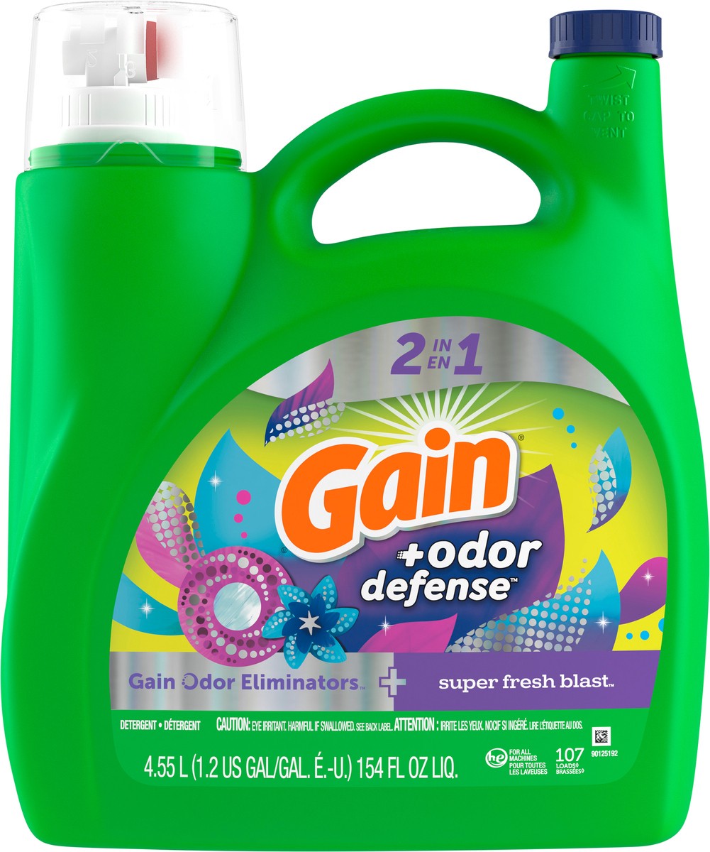 slide 2 of 6, Gain + Odor Defense Liquid Laundry Detergent, Super Fresh Blast Scent, 154 fl oz, 107 Loads, HE Compatible, 154 fl oz