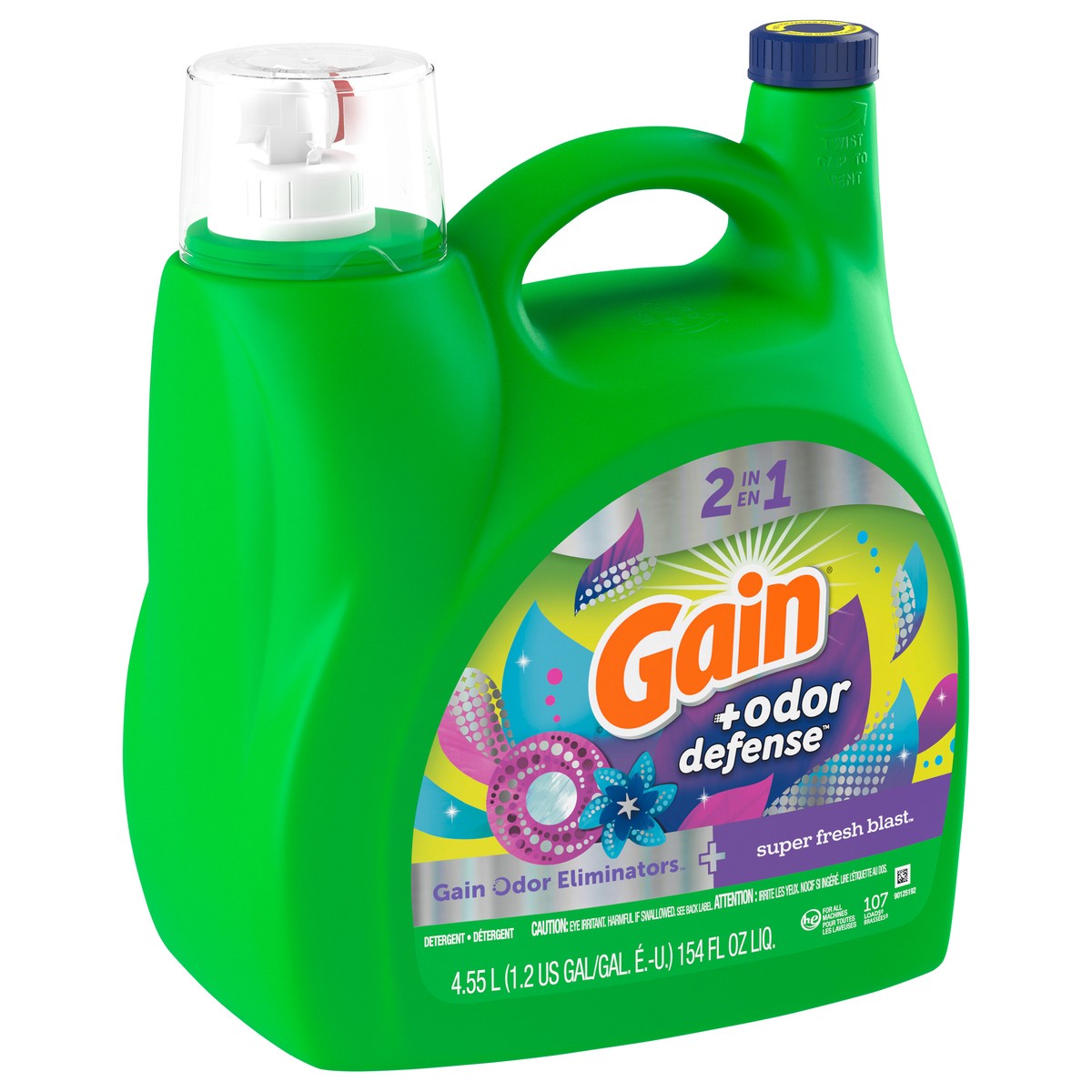 slide 6 of 6, Gain + Odor Defense Liquid Laundry Detergent, Super Fresh Blast Scent, 154 fl oz, 107 Loads, HE Compatible, 154 fl oz