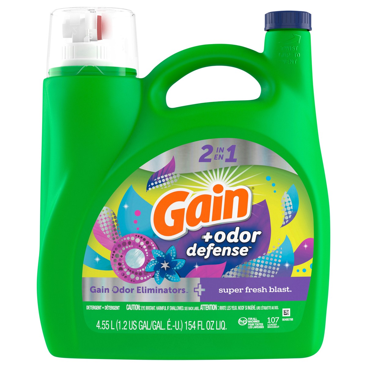 slide 1 of 6, Gain + Odor Defense Liquid Laundry Detergent, Super Fresh Blast Scent, 154 fl oz, 107 Loads, HE Compatible, 154 fl oz