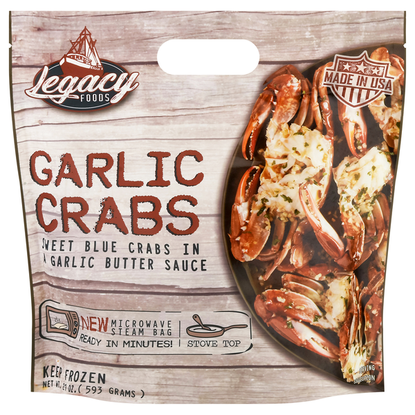 slide 1 of 1, Legacy Foods Garlic Crabs 21 oz, 21 oz