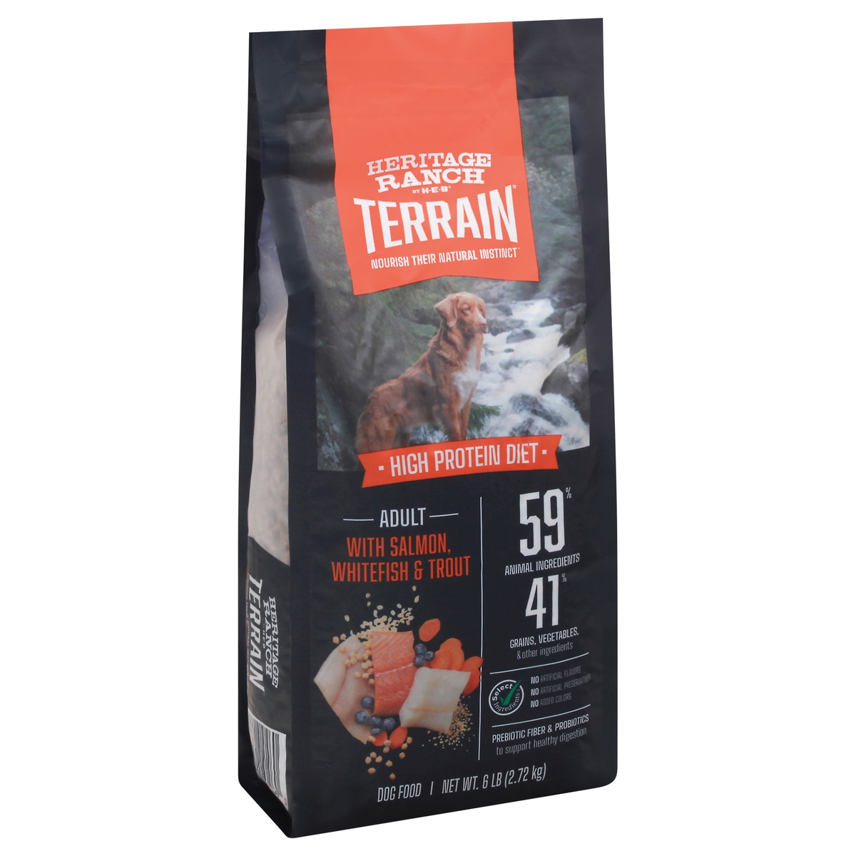 slide 2 of 10, Heritage Ranch by H-E-B Terrain Adult High Protein with Salmon, Whitefish & Trout Dry Dog Food, 6 lb