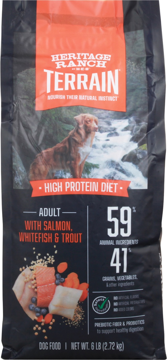 slide 8 of 10, Heritage Ranch by H-E-B Terrain Adult High Protein with Salmon, Whitefish & Trout Dry Dog Food, 6 lb