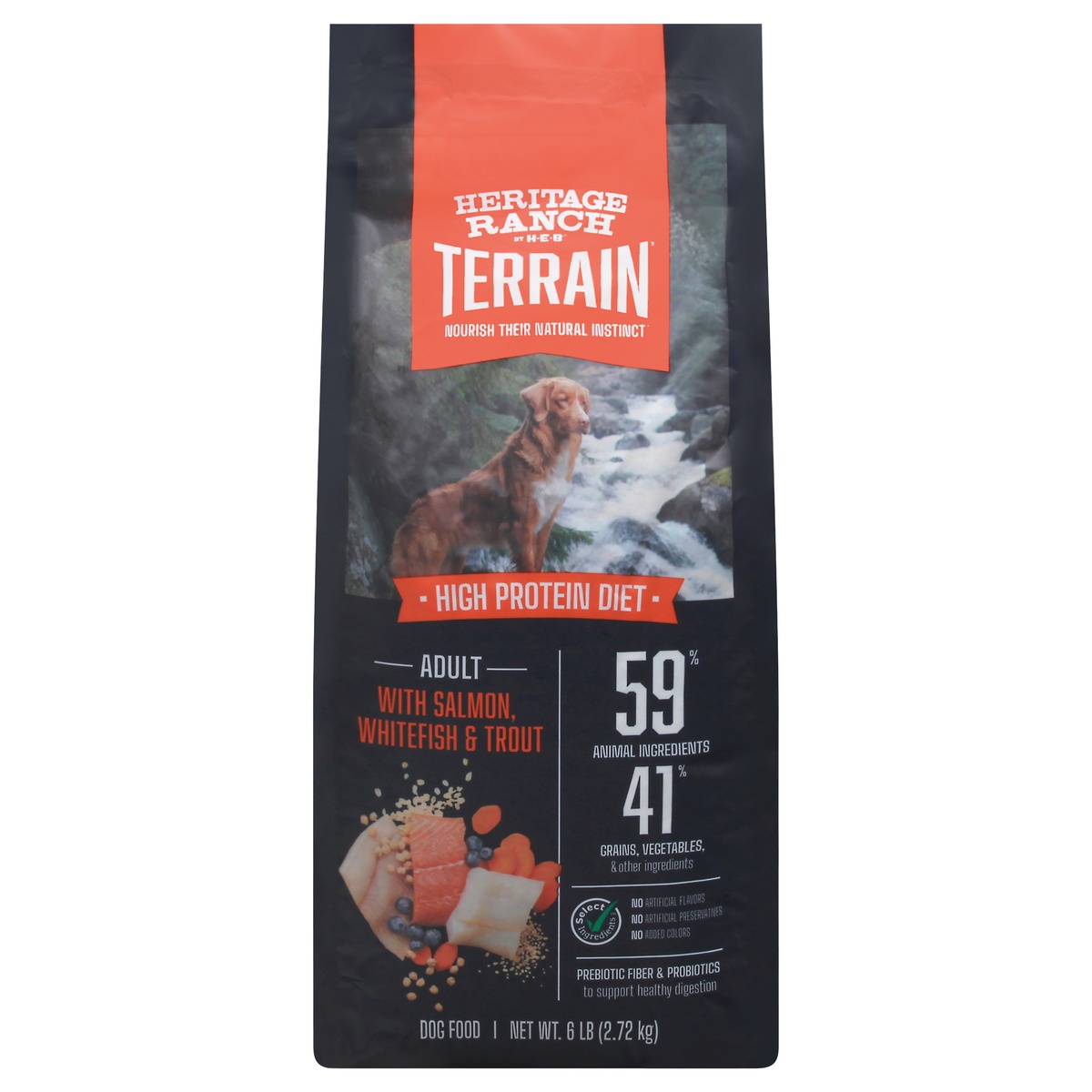 slide 1 of 10, Heritage Ranch by H-E-B Terrain Adult High Protein with Salmon, Whitefish & Trout Dry Dog Food, 6 lb