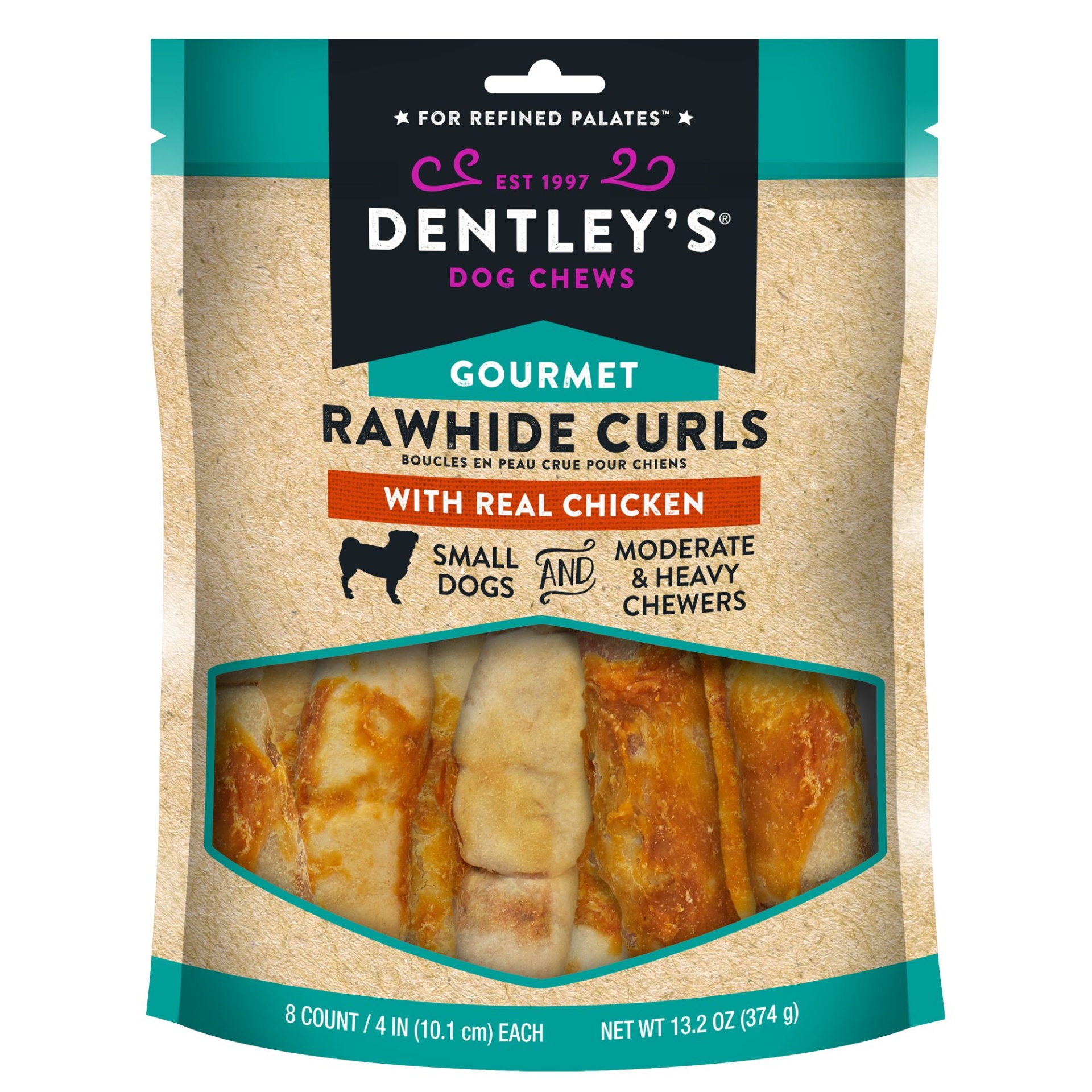 slide 1 of 1, Dentley's Gourmet Rawhide Curls Dog Treats - Chicken, 8 ct