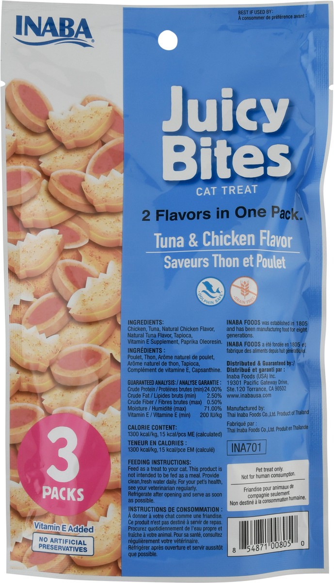 slide 10 of 11, Inaba Juicy Bites for Cats, Soft/Moist Cat Treats with Vitamin E, 0.4 Ounces per Pouch, 3 Pouches Total, Tuna and Chicken Flavor, 3 ct