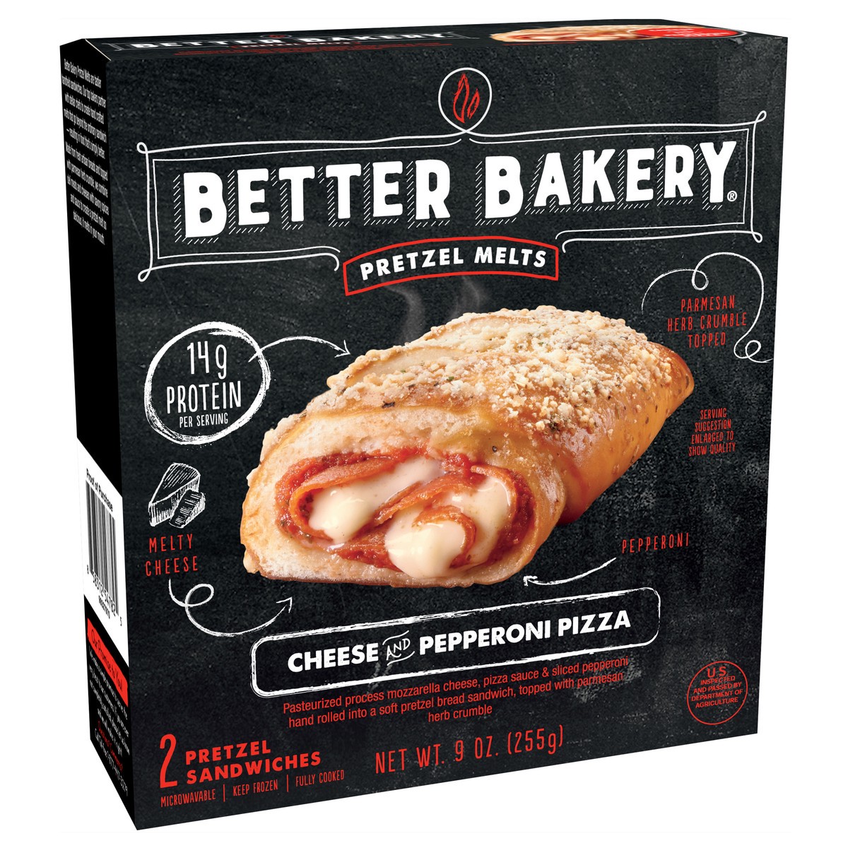 slide 8 of 9, Better Bakery Fully Cooked Pretzel Melts Cheese and Pepperoni Pizza, 255.15 g