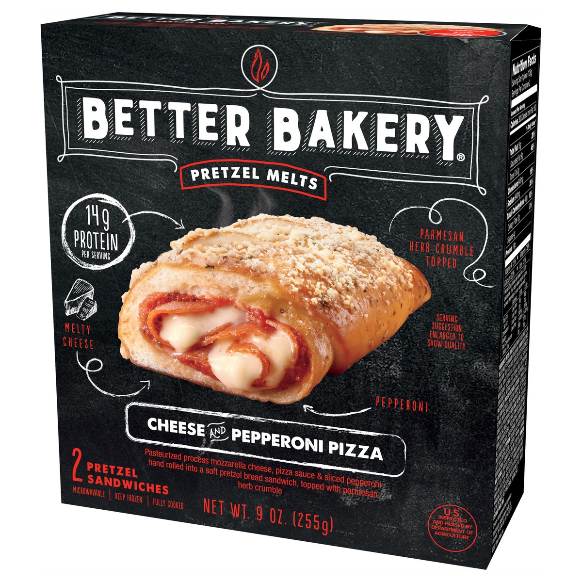 slide 9 of 9, Better Bakery Fully Cooked Pretzel Melts Cheese and Pepperoni Pizza, 255.15 g