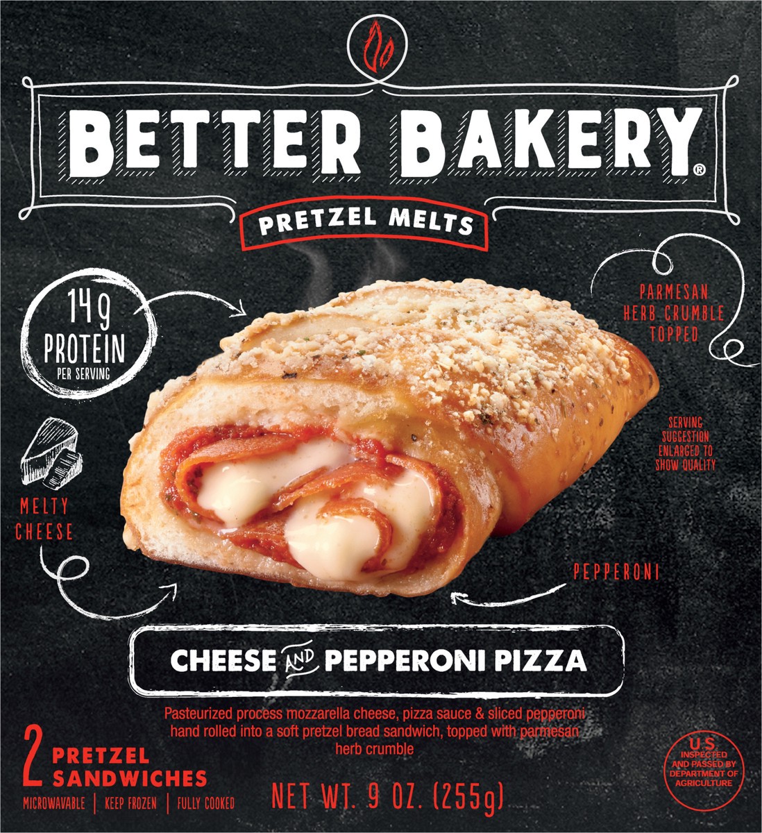 slide 5 of 9, Better Bakery Fully Cooked Pretzel Melts Cheese and Pepperoni Pizza, 255.15 g