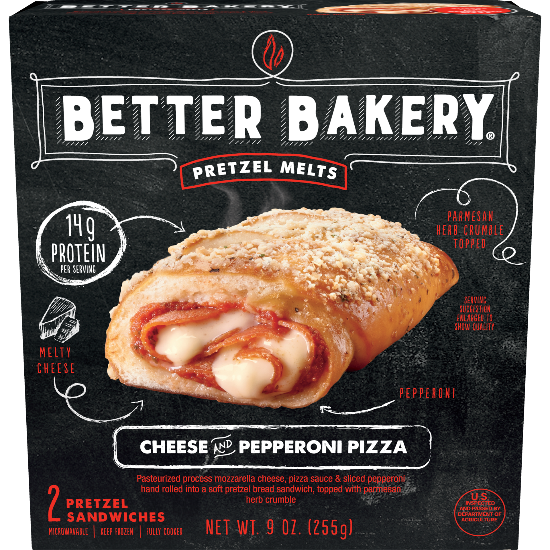 slide 1 of 9, Better Bakery Fully Cooked Pretzel Melts Cheese and Pepperoni Pizza, 255.15 g