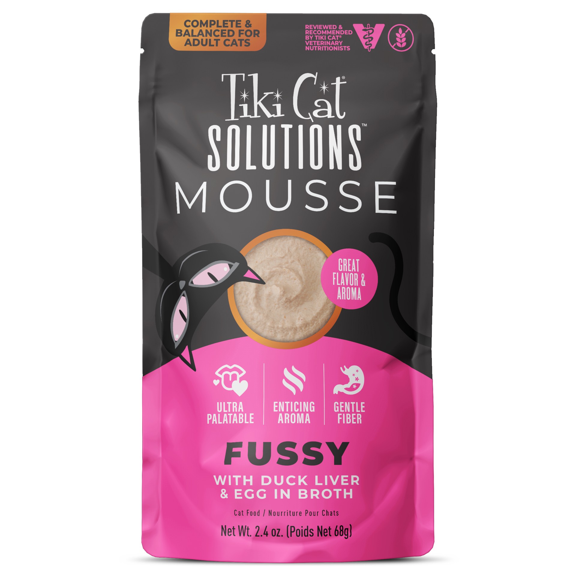 slide 1 of 8, Tiki Cat Solutions Mousse, Fussy, With Duck Liver & Egg in Broth, 2.4 oz. Pouch (12 Count), 2.4 oz