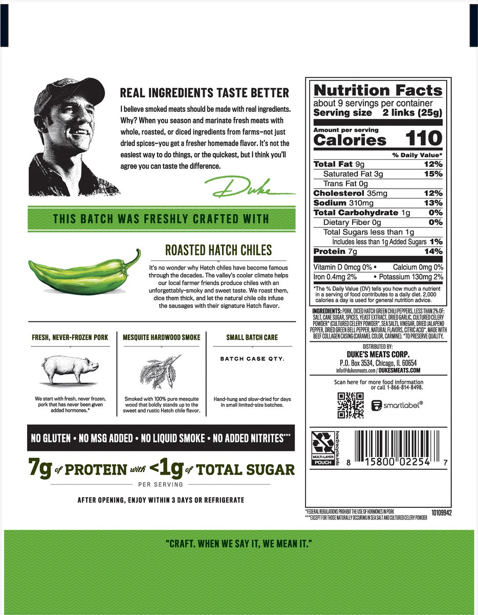 slide 3 of 3, Duke's Pork Hatch Green Chile Smoked Shorty Sausages, 7g Protein Per Serving, 7.5 oz., 7.5 oz