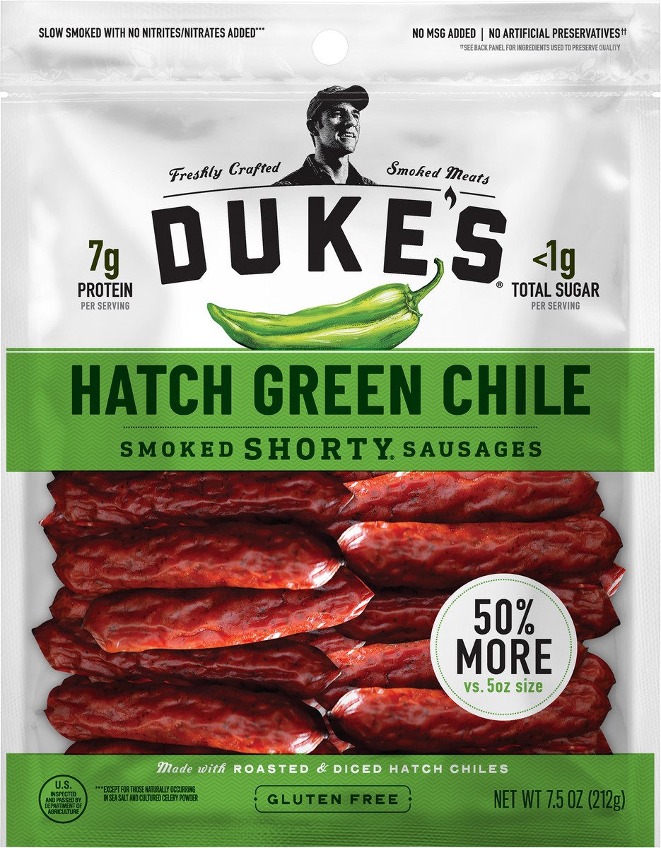 slide 2 of 3, Duke's Pork Hatch Green Chile Smoked Shorty Sausages, 7g Protein Per Serving, 7.5 oz., 7.5 oz