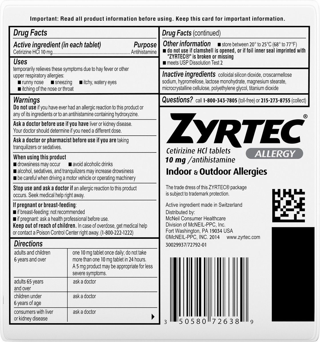 slide 2 of 7, Zyrtec 24 Hour Allergy Relief Tablets, Antihistamine Indoor & Outdoor Allergy Medicine with 10 mg Cetirizine HCl, 45 ct, 45 ct