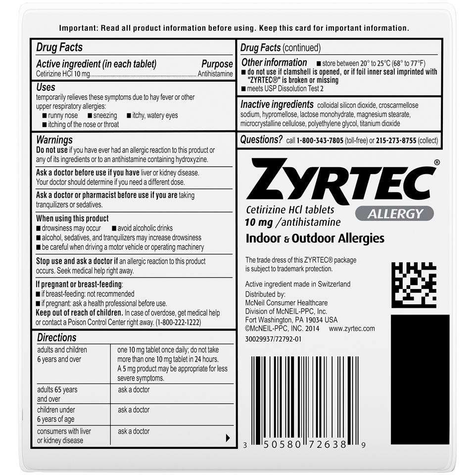 slide 6 of 6, Zyrtec 24 Hour Allergy Relief Tablets, Antihistamine Indoor & Outdoor Allergy Medicine with Cetirizine HCl, 45 ct